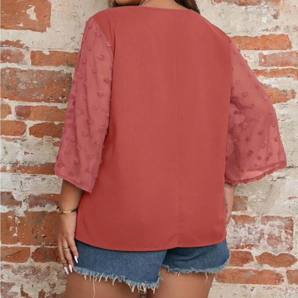 Plus size dusty pink Swiss dot sleeve V neck blouse - Picture 6 of 16